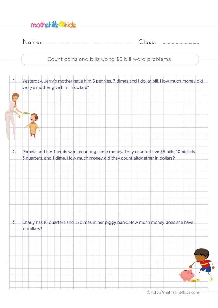 Preview of the how much money in all page: three money word problems on a grid, with pictures of a mother, a boy and a piggy bank.