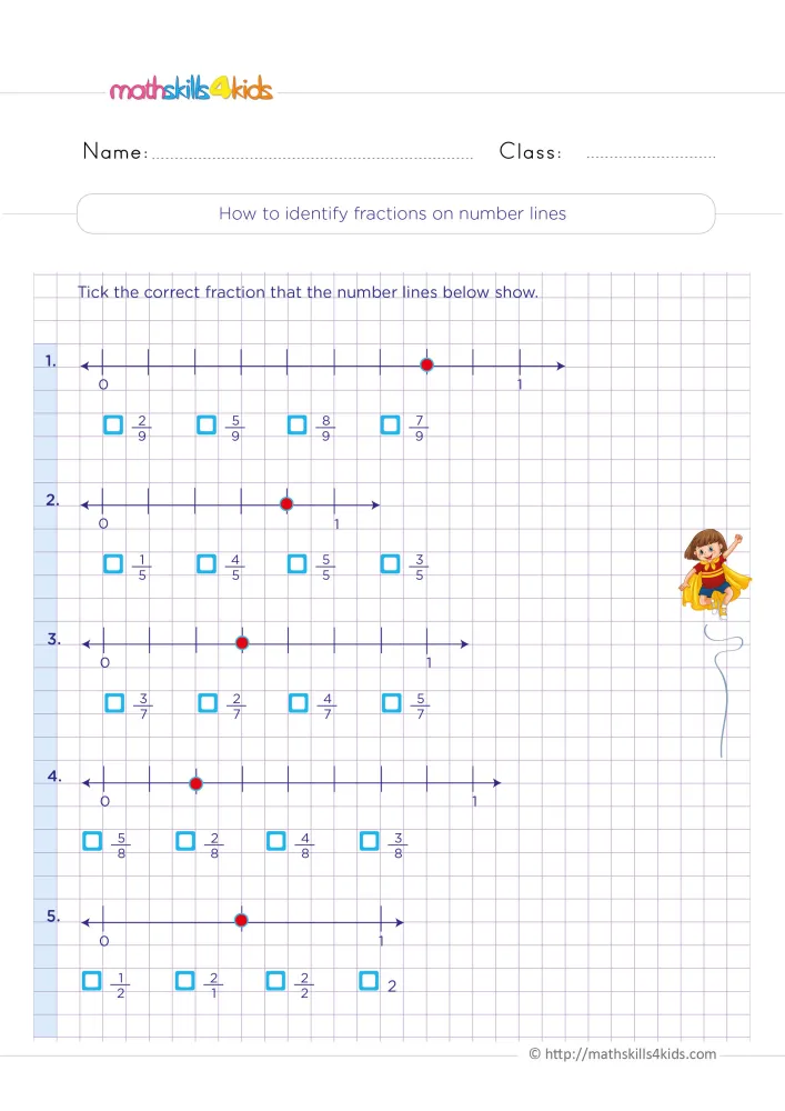 Preview of the fractions on number lines page: five purple lines with red dots, tick boxes and a girl in a yellow cape.