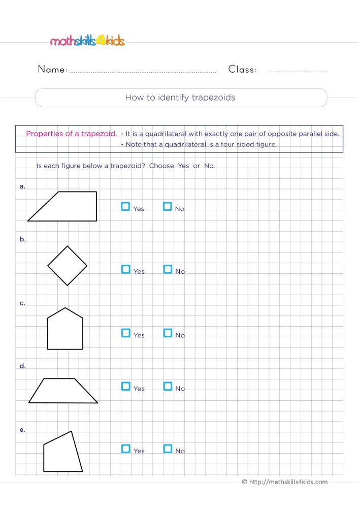 Preview of the trapezoids page: a rule box and five outline shapes with Yes and No boxes on purple grid paper.