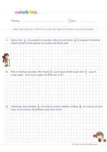 3rd Grade Like Denominator Fraction Story Problems Worksheet