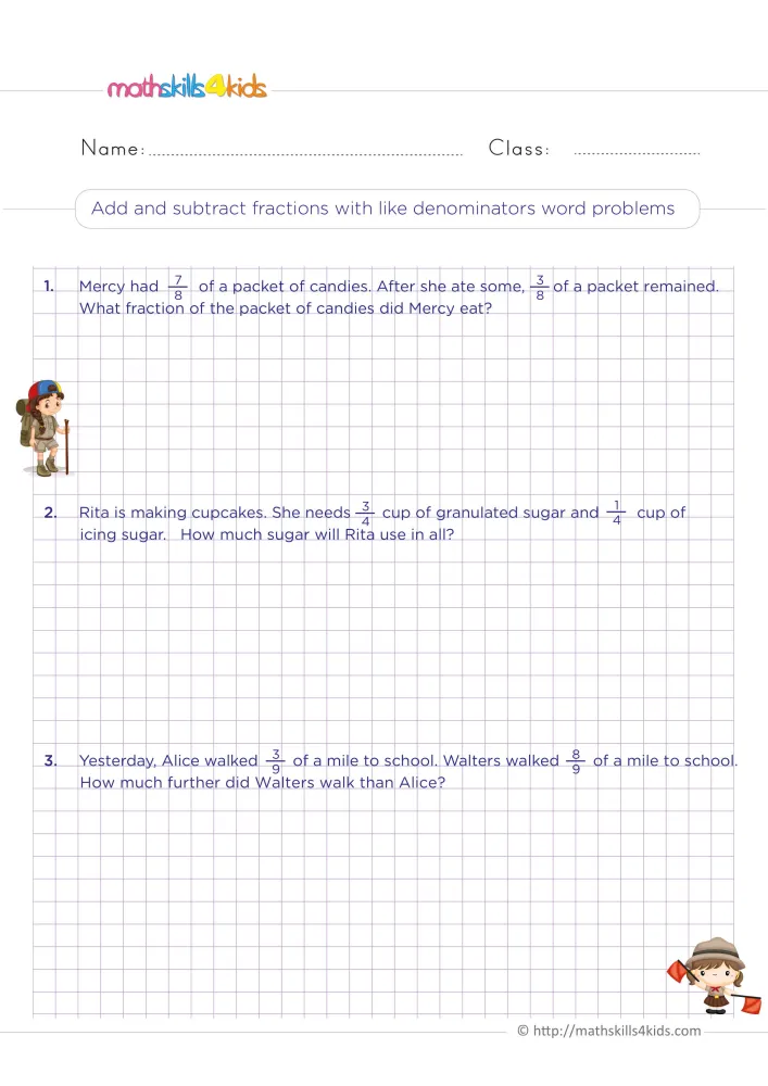 Preview of the fraction story problems page: Mercy’s candies, Rita’s cupcakes, the walk to school, and the worked answers on page two.
