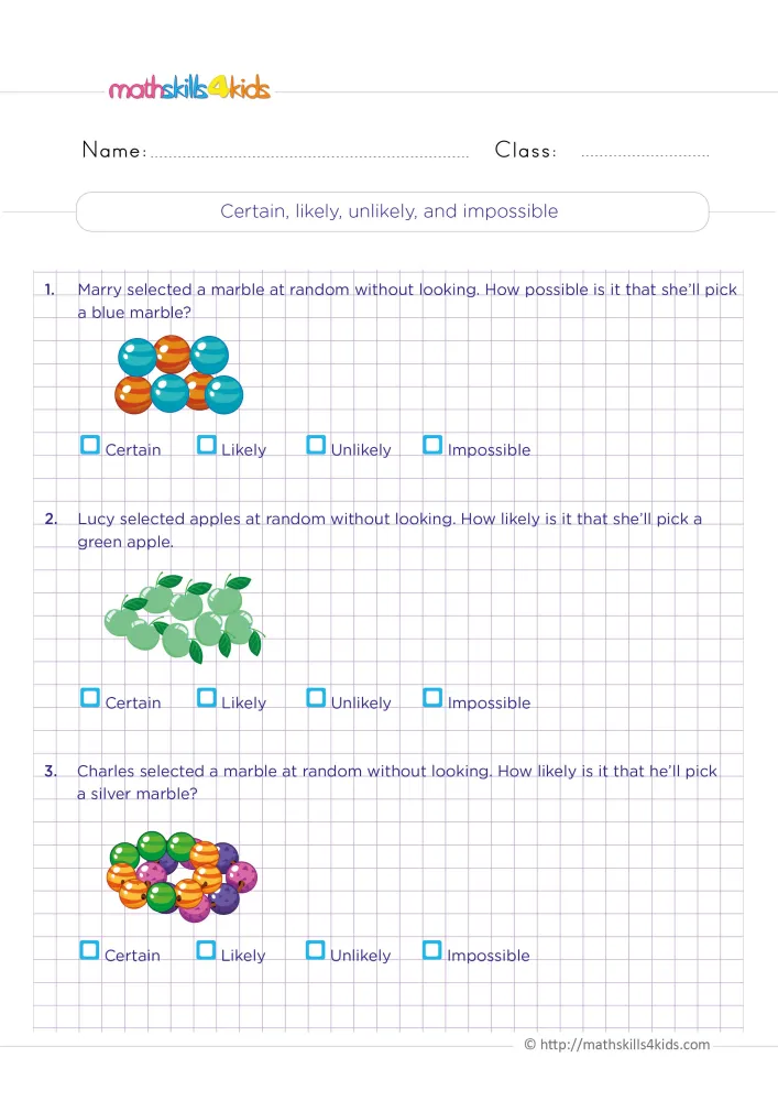 Preview of the likely and unlikely events page: blue marbles, a pile of green apples and a colorful mix of marbles on grid paper.
