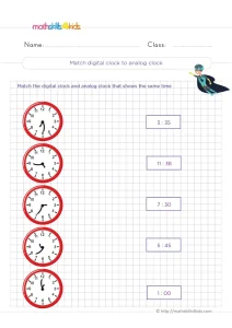 3rd Grade Matching Digital and Analog Clocks Worksheet: Draw a Line