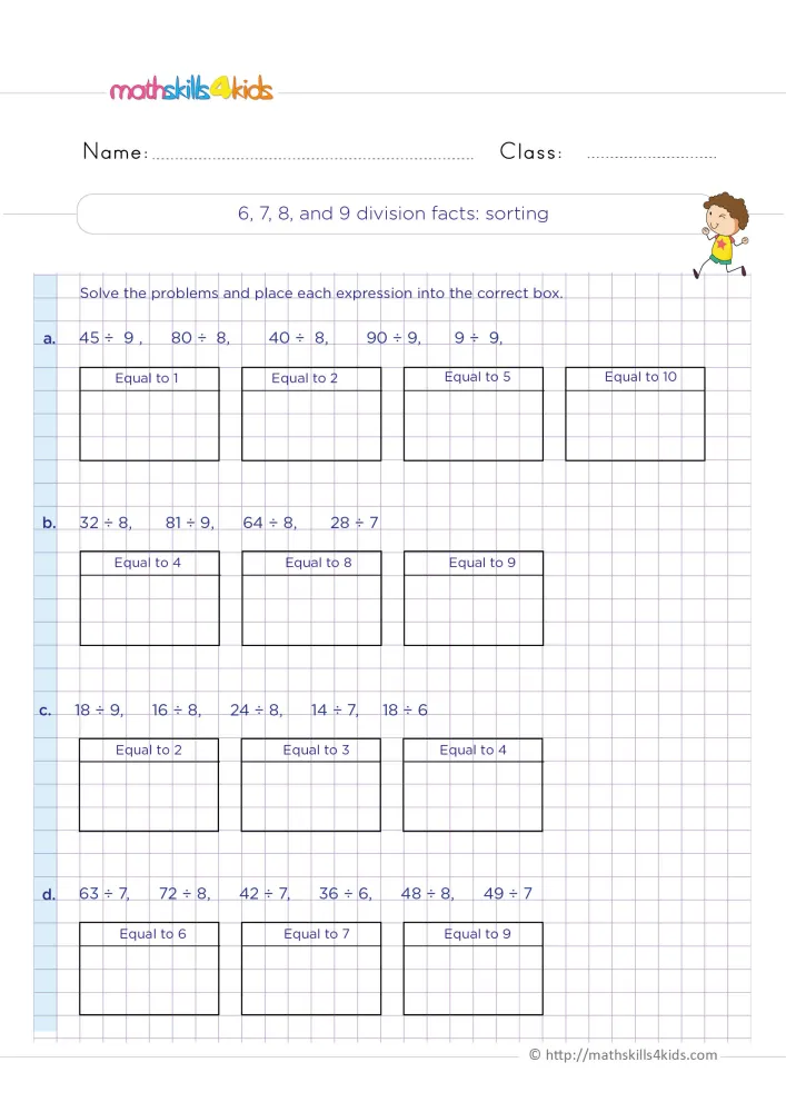 Preview of the quotient matching page: four rows of division facts, each above three or four empty "Equal to" boxes, and a boy.