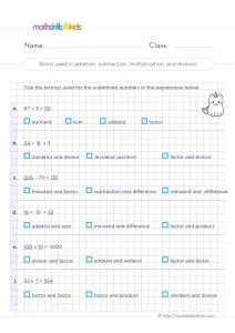 3rd Grade Math Vocabulary for Operations Worksheet: Sum, Factor and More