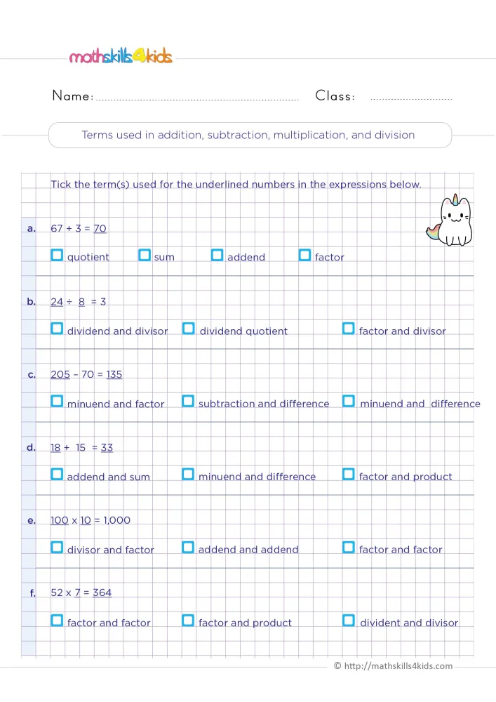 Preview of the math vocabulary page: six number sentences with underlined numbers, answer boxes and a unicorn cat.
