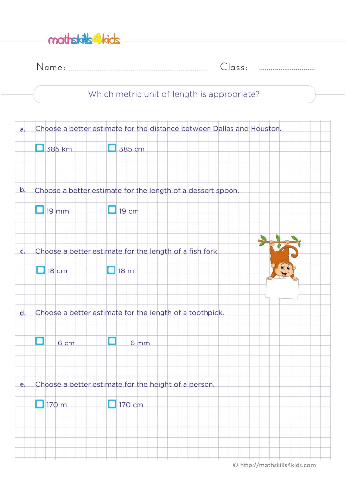 Preview of the metric units of length page: distance between two cities, spoon, fork, toothpick and height, with the ticked key.