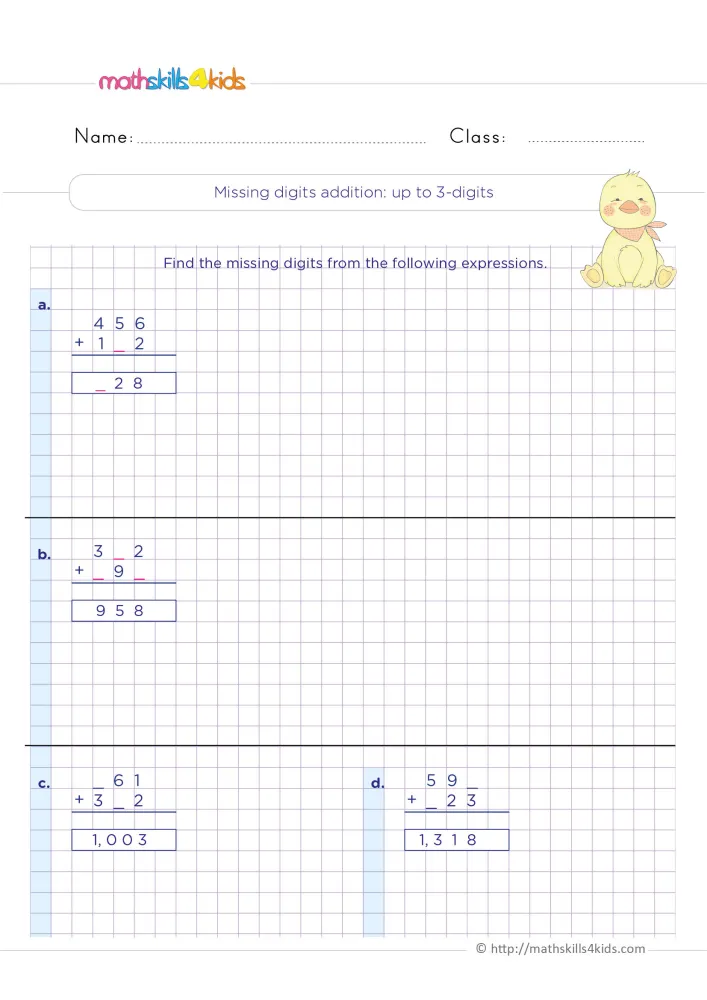 Preview of the missing digits page on a purple grid, with four column additions labeled a to d and a duck in the corner.