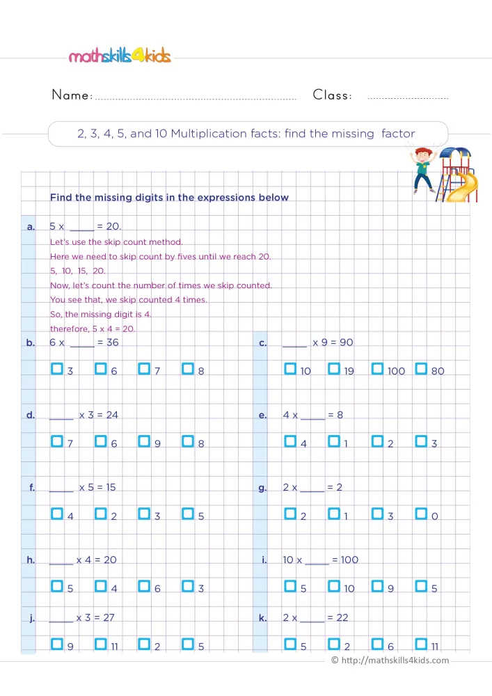 Preview of the missing factor page: a boy and a slide by the title, a worked skip counting example, then ten choice items.