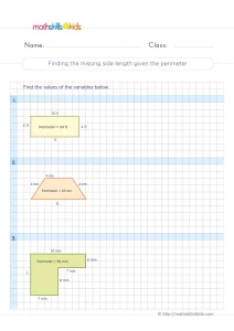 3rd Grade Missing Side Length Perimeter Worksheet: Find a, b, t