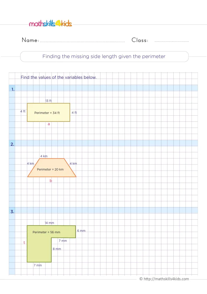 Preview of the missing side page: three coloured shapes with side lengths and a total perimeter on purple grid paper.