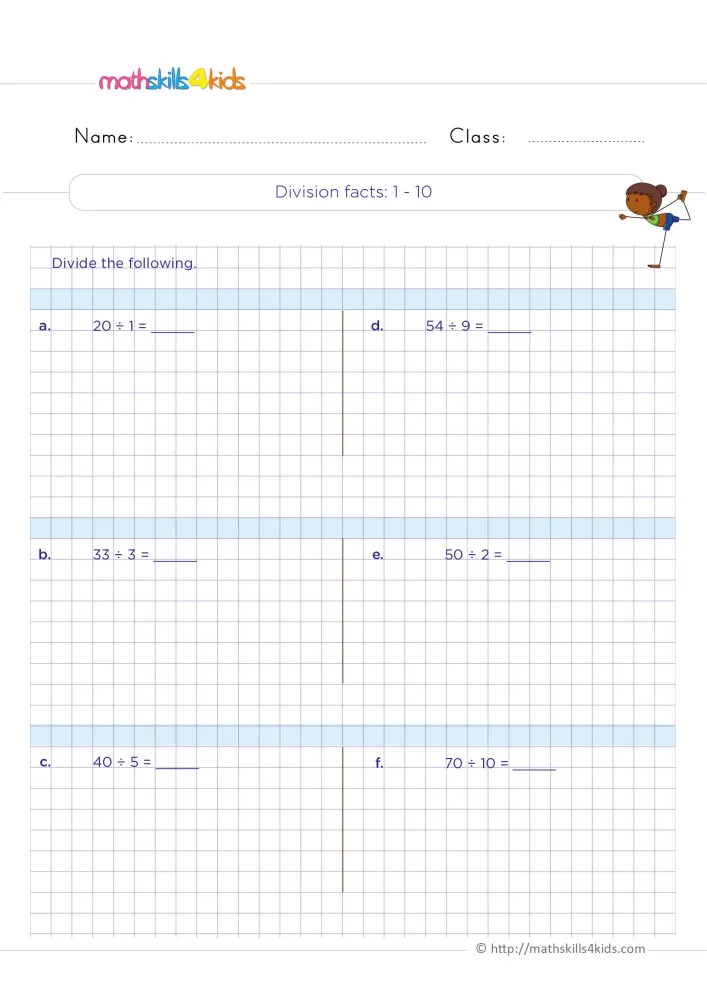 Preview of the mixed divisors page: six division problems in two columns with answer lines, grid space and a girl doing yoga.