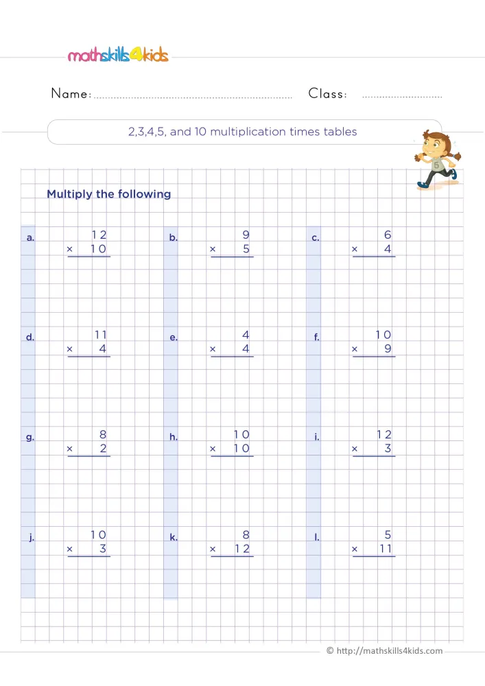 Preview of the mixed times tables page: a running girl with pigtails by the title, then four rows of facts labeled a to l.