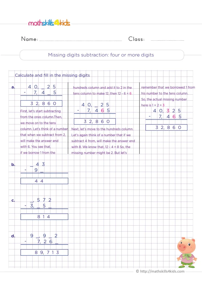 Preview of the missing digits subtraction page on a purple grid: a worked example on top, then three subtractions labeled b to d.