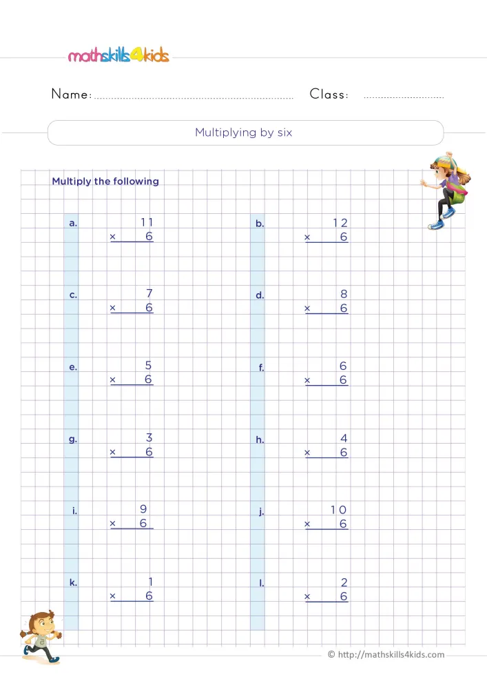 Preview of the multiplying by six page: two columns of facts labeled a to l, with one girl climbing and another walking.
