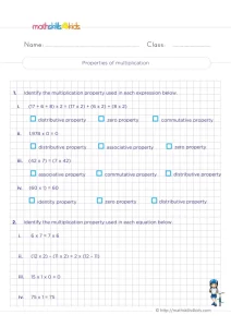 3rd Grade Multiplication Properties Worksheet: Zero, Identity, Commutative