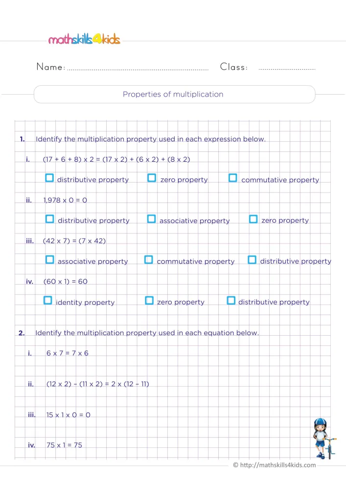 Preview of page one: four equations with tick boxes for the property, then four equations with a blank for its name.
