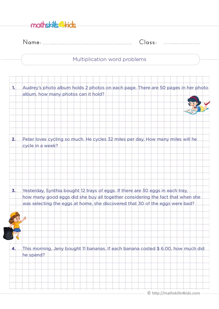 Preview of the multiplication stories page: a girl reading near the top, a girl with a bag, and four numbered word problems.