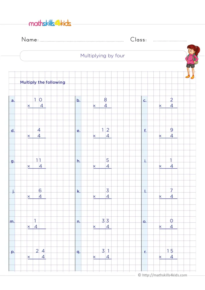 Preview of the multiplying by four page: a girl with a backpack by the title, then six rows of column facts from a to r.