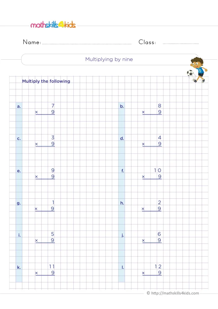 Preview of the multiplying by nine page: a boy with a soccer ball by the title, then two columns of facts labeled a to l.