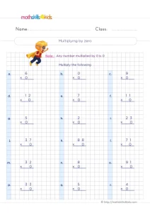 3rd Grade Multiplying by Zero Worksheet: 18 Column Facts to Solve