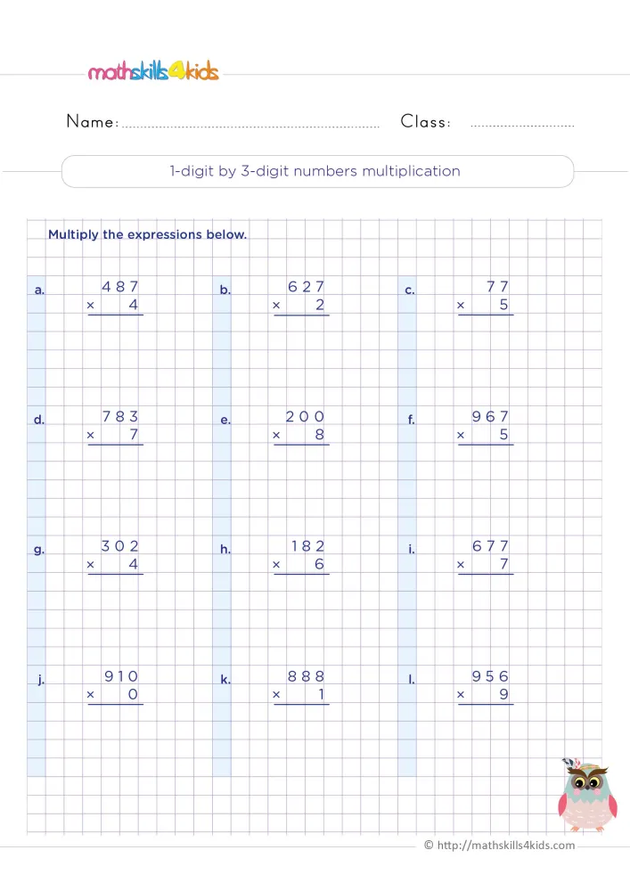 Preview of the column multiplication page: twelve problems in four rows, a 3-digit number over one digit, and an owl.