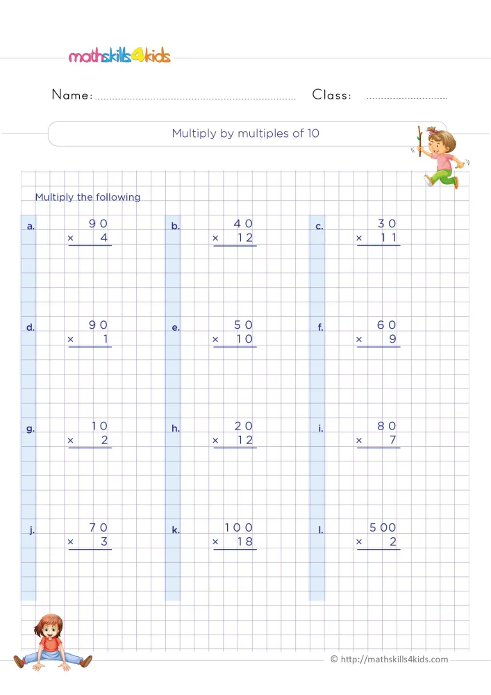 Preview of the multiples of ten page: a running boy by the title, then four rows of column problems labeled a to l.