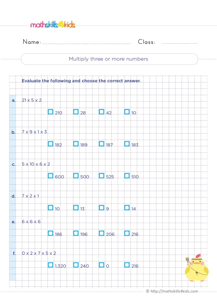 Preview of the multiple choice page: six products of three to five factors, four boxes each, and a small bird.