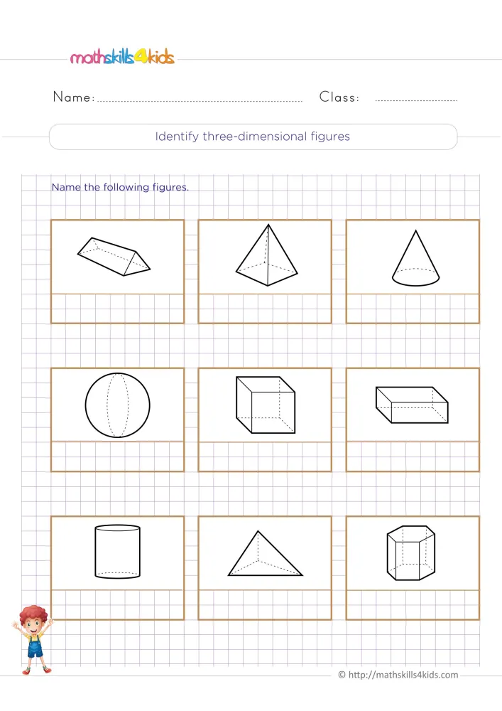 Preview of the naming solid figures page: nine drawn solids on a grid, each with a line for its name.