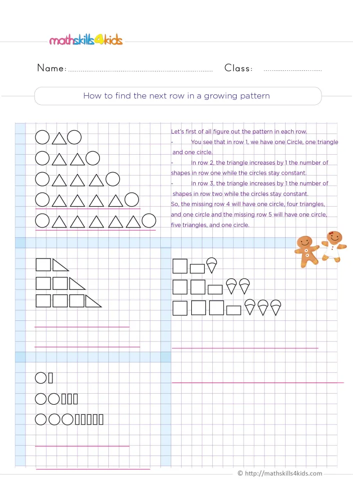 Preview of the growing pattern page: rows of outline shapes that grow on grid paper, with two gingerbread figures.