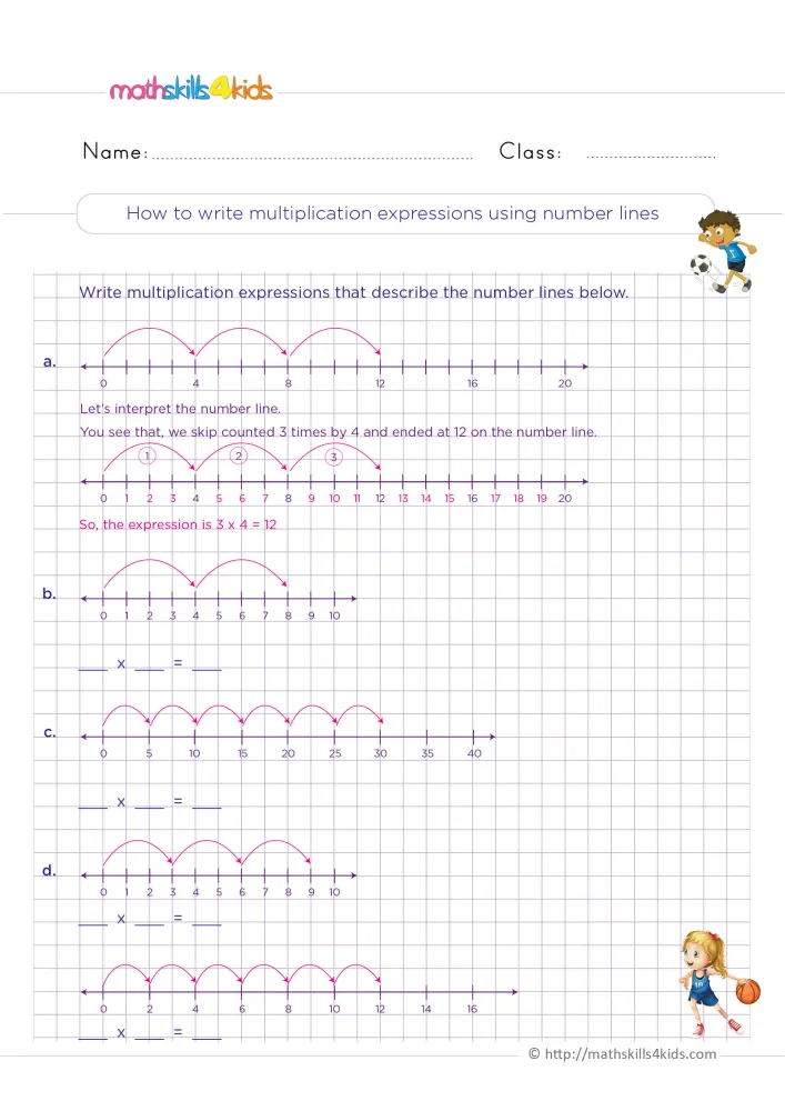 Preview of the number line multiplication page on a purple grid: pink arcs over five number lines, with blank sentences under each.