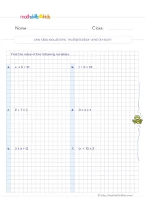 3rd Grade One-Step Equations with Variables Worksheet: Times and Divide
