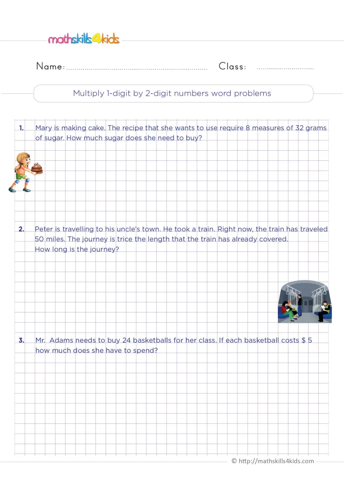 Preview of the three multiplication stories: a girl holding a cake, a train car with riders, and grid space for working.