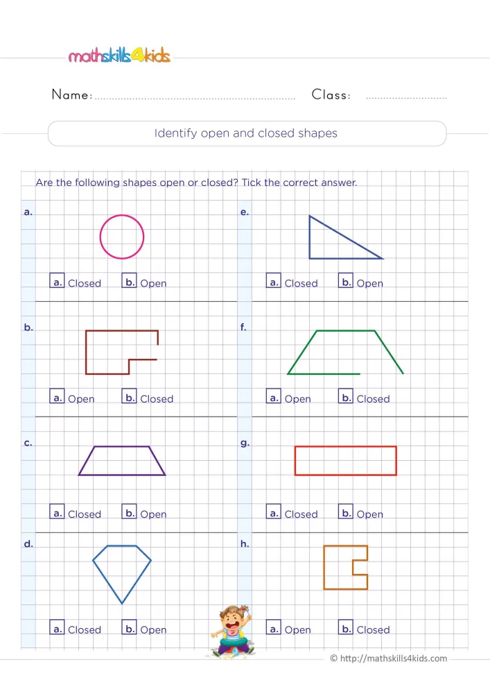 Preview of the open and closed shapes page: eight drawings with two answer boxes each on purple grid paper.