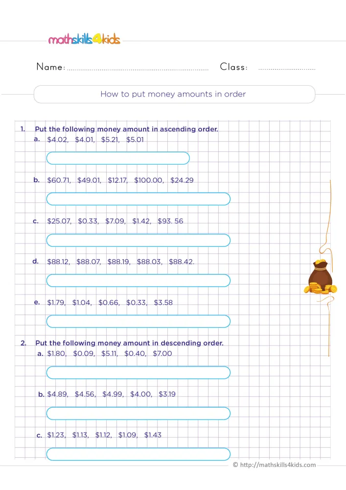 Preview of the ordering dollars and cents page: two parts with lists of prices on grid paper and a bag of gold coins.