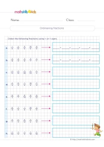 3rd Grade Ordering Fractions with Inequality Signs Worksheet: 8 Rows