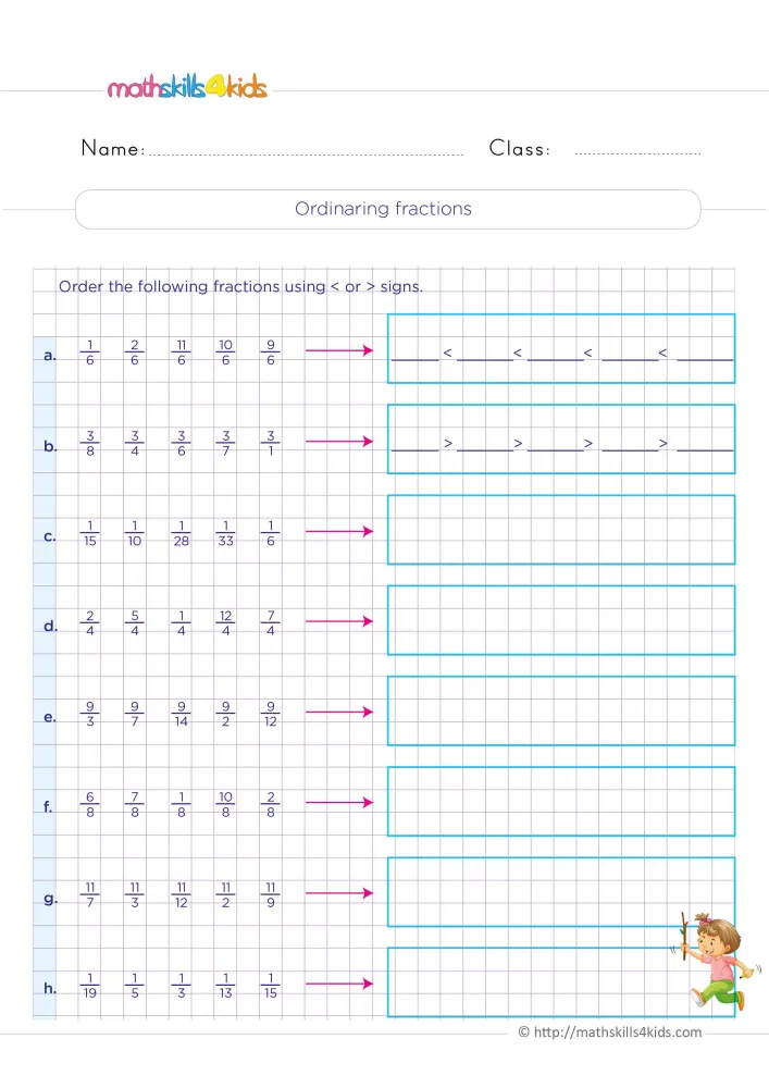 Preview of the ordering fractions page: eight rows of purple fractions, pink arrows, blue answer boxes and a running girl.