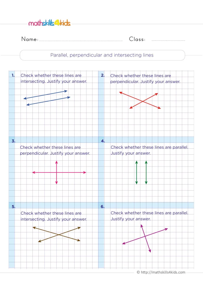 Preview of the parallel and perpendicular lines page: six line pairs in blue frames on purple grid paper.