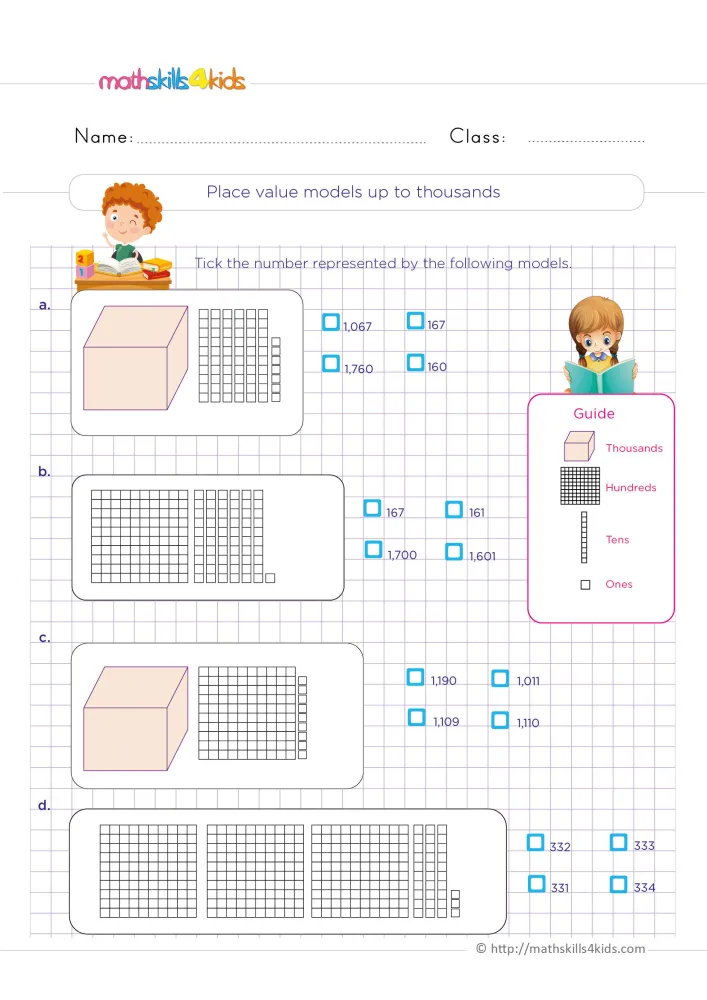 Preview of the place value models page on a purple grid, with block drawings a to d and a guide to cubes, flats, rods and ones.