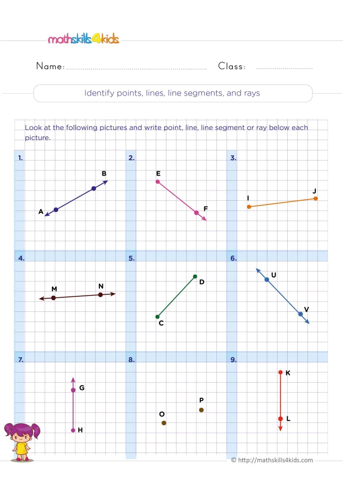 Preview of the points, lines, line segments and rays page: nine drawings in a 3 by 3 grid on purple paper.