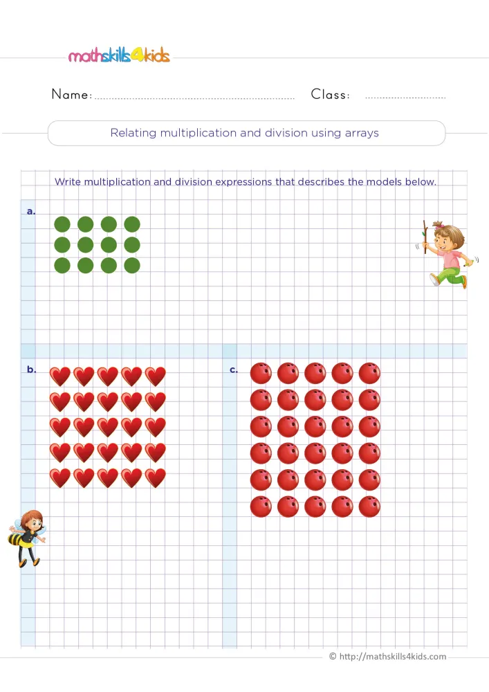 Preview of the arrays page: green circles in 3 rows, a square of red hearts, a block of red balls and a girl in a bee suit.