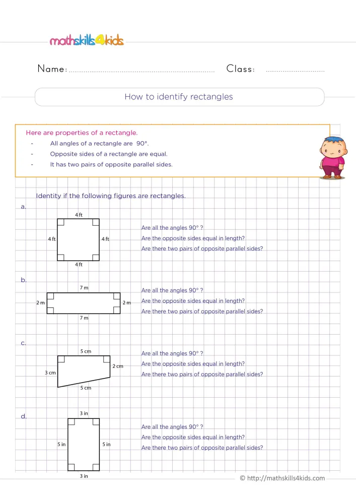 Preview of the rectangles page: a rule box with three properties and four labelled shapes on purple grid paper.