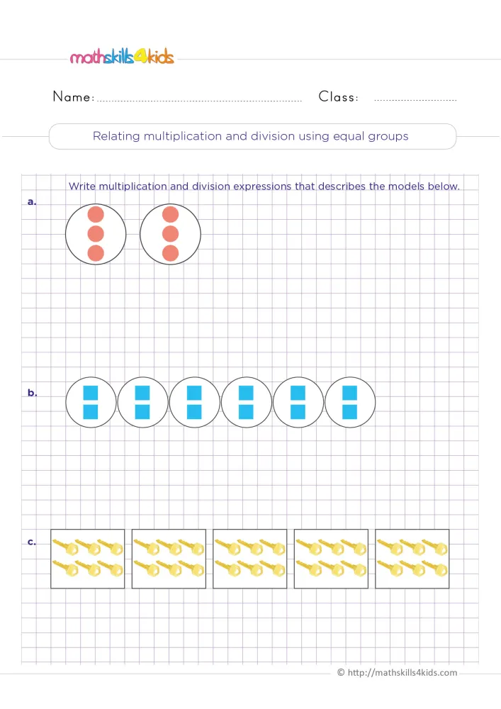 Preview of the equal groups page: two circles of three dots, six circles of two squares, and five boxes of six keys.