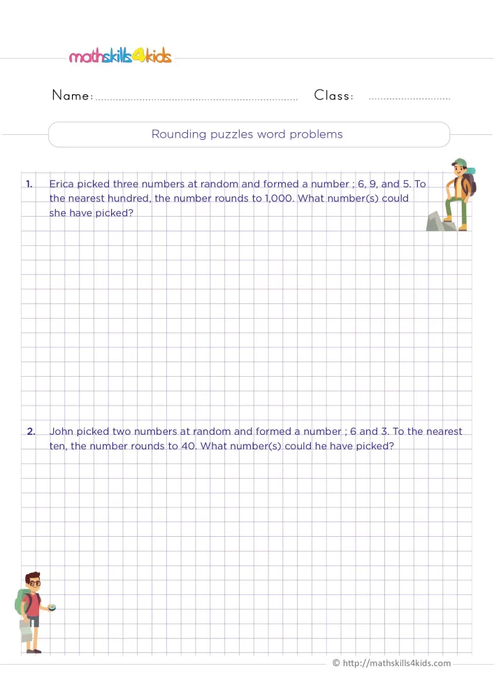 Preview of the rounding puzzles page: two digit riddles with grid space, a hiker on a rock and a boy holding a map.