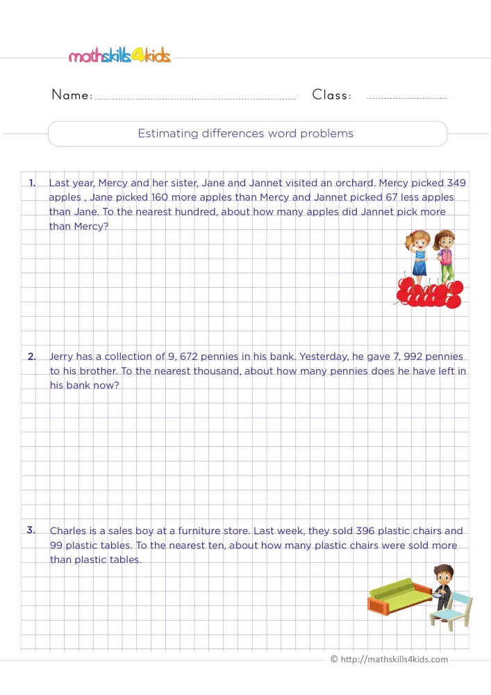 Preview of the estimating differences page: three word problems on grid paper, two girls by red fruit and a boy near a sofa.