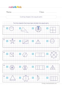 3rd Grade Shapes Cut into Equal Parts Worksheet: Tick the Fair Cuts