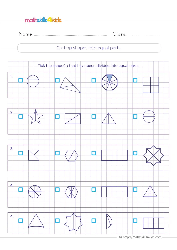 Preview of the equal parts page: five rows of outline shapes cut by lines, each with a small blue box, on grid paper.