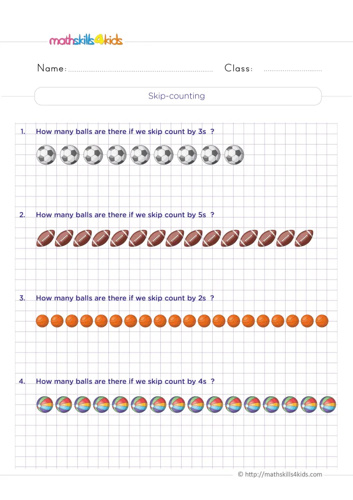 Preview of the skip counting page on a purple grid, with four questions and a row of balls under each one.