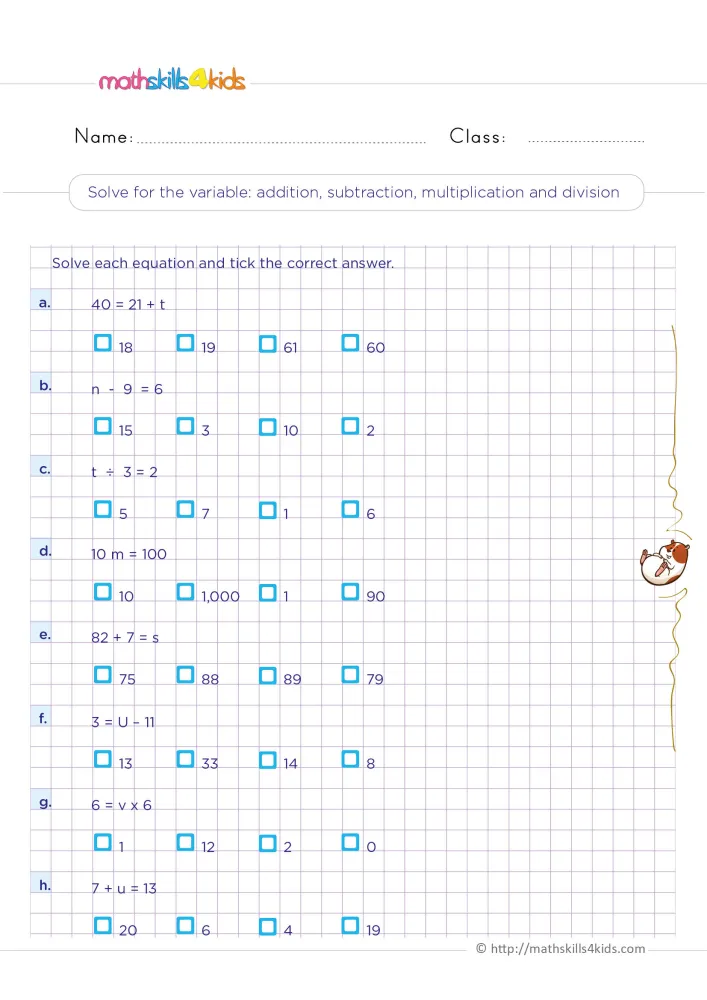 Preview of the solving for the unknown page: eight equations, four answer boxes under each one and a hamster.