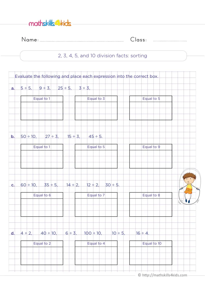 Preview of the sorting page: four rows of division facts, each over three empty "Equal to" boxes, and a boy with a jump rope.
